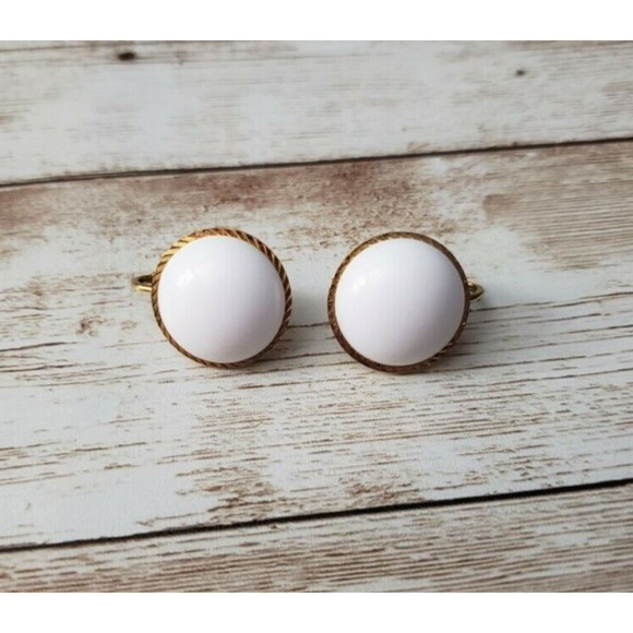 Vintage Clip On Earrings - White Circle with Thin Gold Tone Halo - Picture 1 of 4